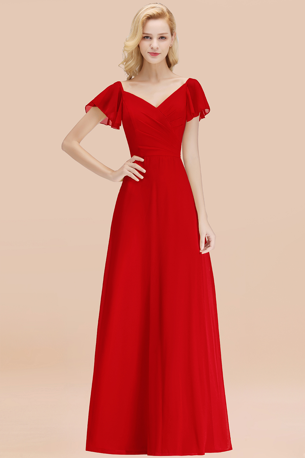 Elegant Red V Neck Short Sleeves Chiffon A-line Long Bridesmaid Dress