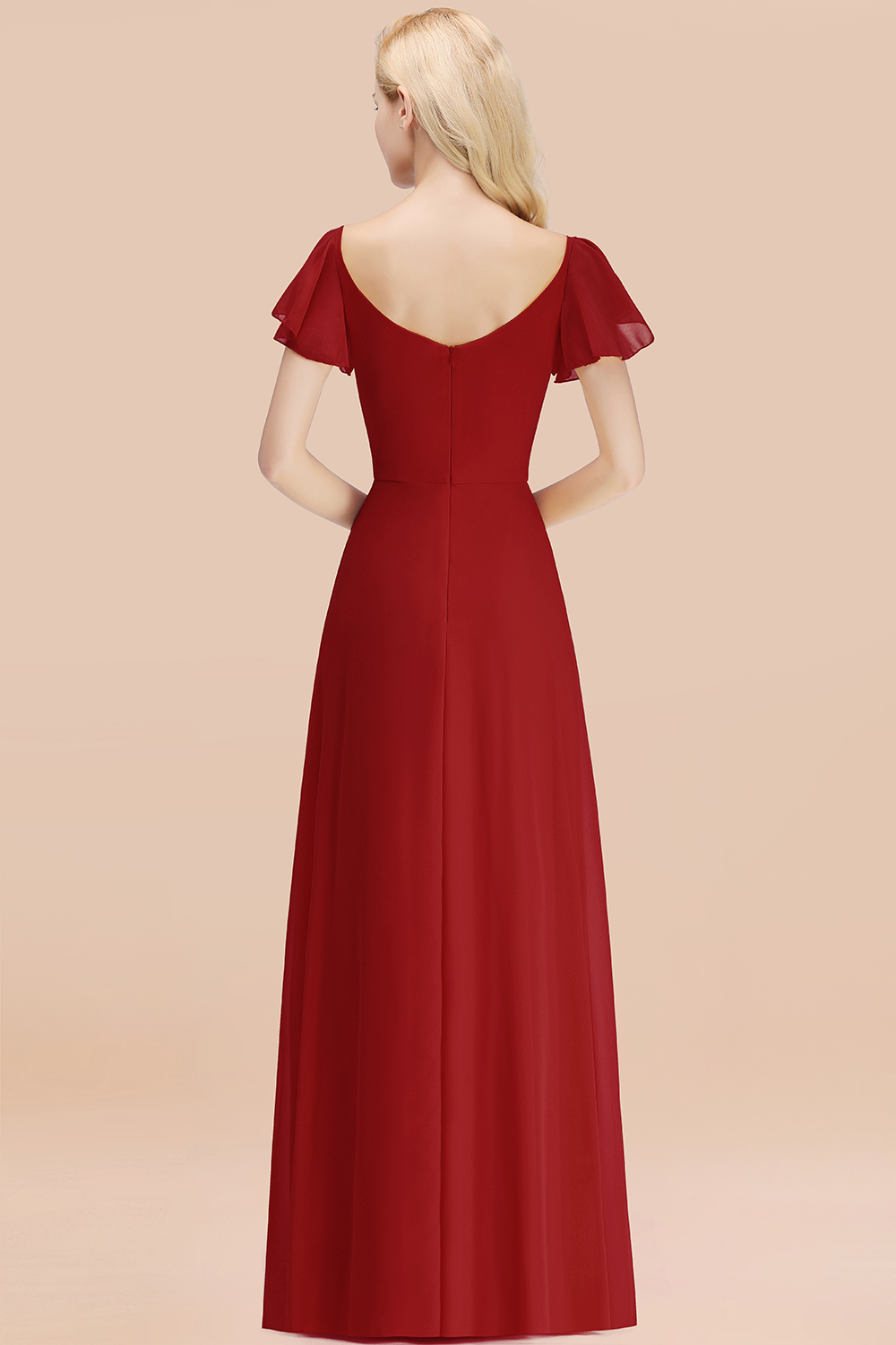 Elegant Rust V Neck Short Sleeves Chiffon A-line Long Bridesmaid Dress