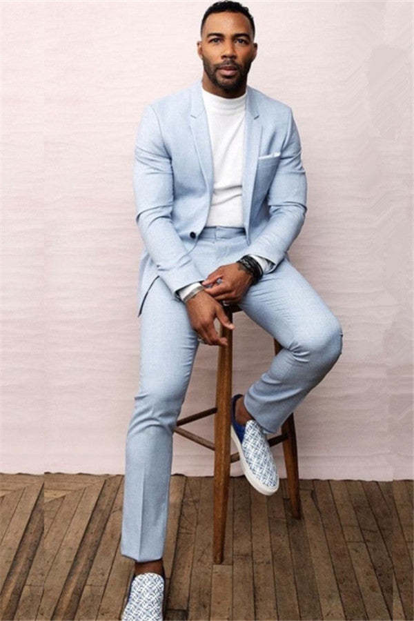Elegant Sky Blue Bespoke Summer Wedding Suit with One Button