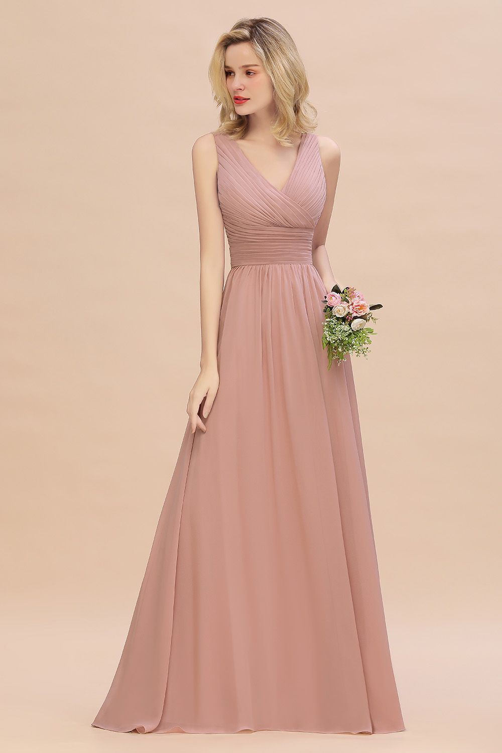 Elegant V-Neck Dusty Rose Chiffon Bridesmaid Dress with Ruffle-Babyonlines