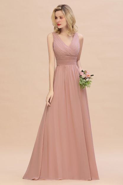 Elegant V-Neck Dusty Rose Chiffon Bridesmaid Dress with Ruffle-Babyonlines