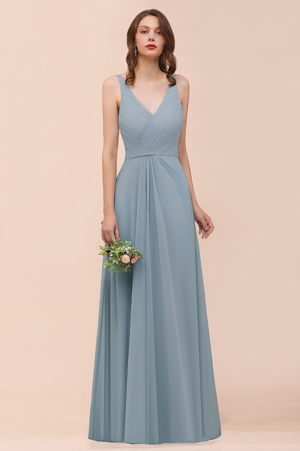 Elegant V-Neck Ruffle Dusty Blue Chiffon Bridesmaid Dresses Online-Babyonlines