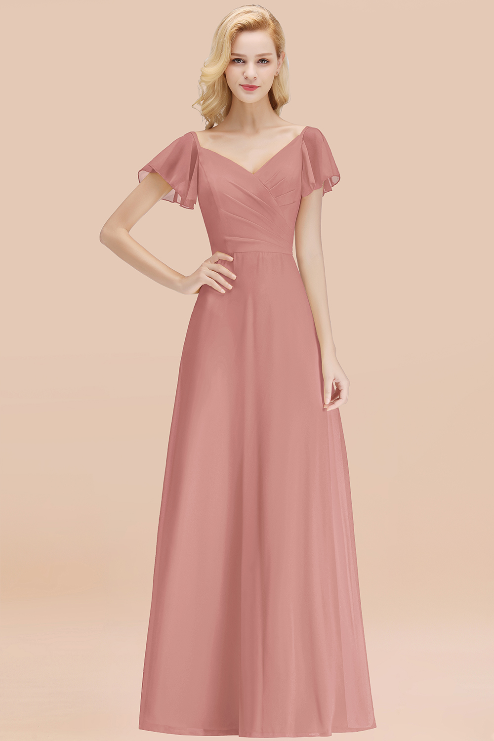 Elegant Vintagemauve V Neck Short Sleeves Chiffon A-line Long Bridesmaid Dress