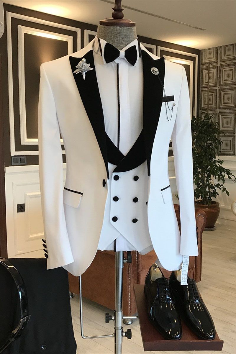 Elegant White and Black One-Button Prom Suit with Peaked Lapel
