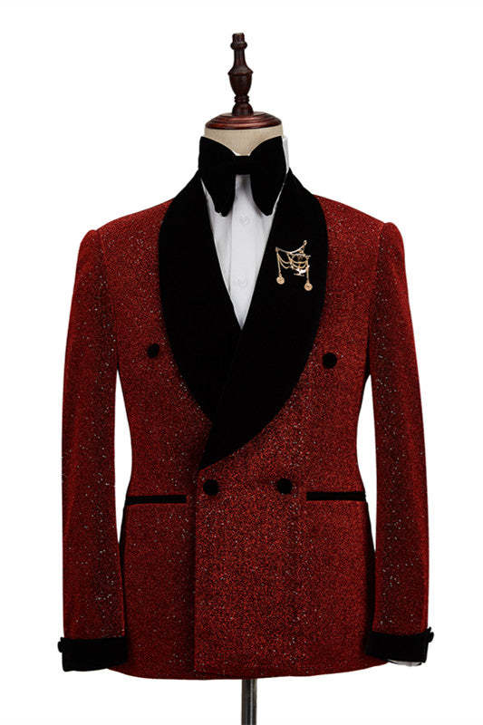 Fabulous Red Double-Breasted Wedding Suit with Black Shawl Lapel