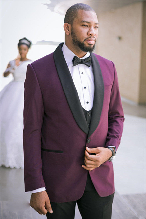 Fashionable Purple Three-Piece Wedding Suit with Black Lapel
