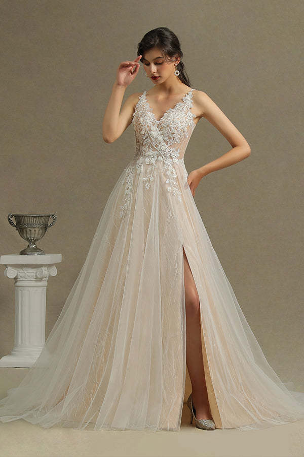 Floral Applique A-Line Wedding Dress with Side Split and Backless Design
