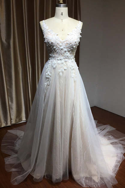 Floral Applique A-Line Wedding Dress with Side Split and Backless Design