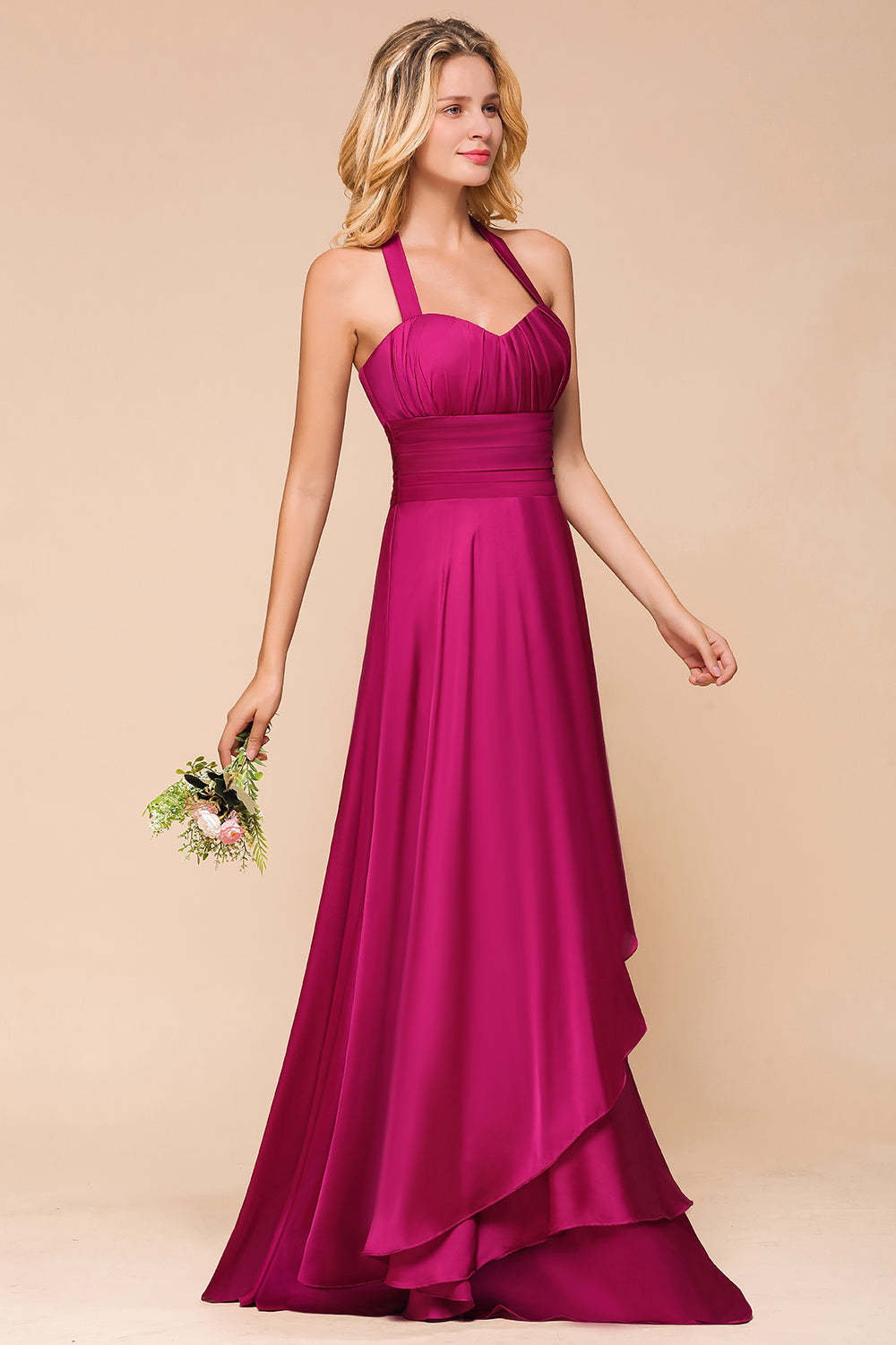 Fuchsia Halter Chiffon Bridesmaid Dresses Long Online-Babyonlines