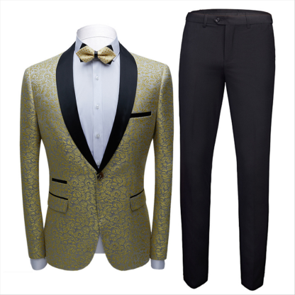 Gentle Black Shawl Lapel One-Button Jacquard Wedding Suit