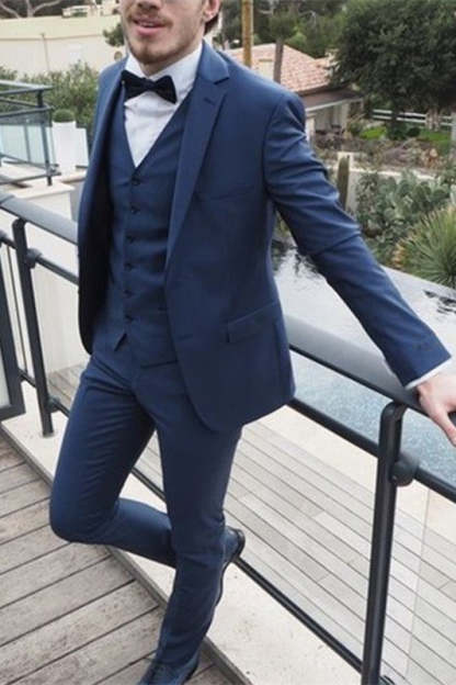 Gentle Dark Navy Slim Fit Three-Piece Evening Suit with Notched Lapel