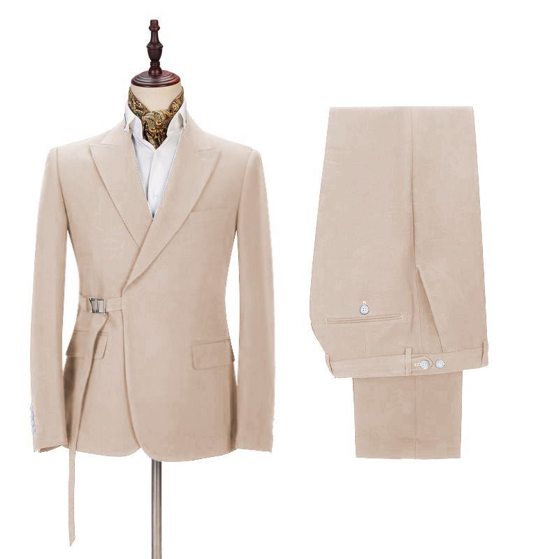 Gentle David Beckham-Inspired Champagne Wedding Suit with Buckle Button
