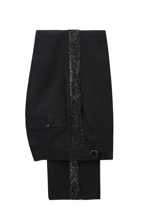 High-Quality Bright Red Tuxedo with Sparkling Black Peak Lapel