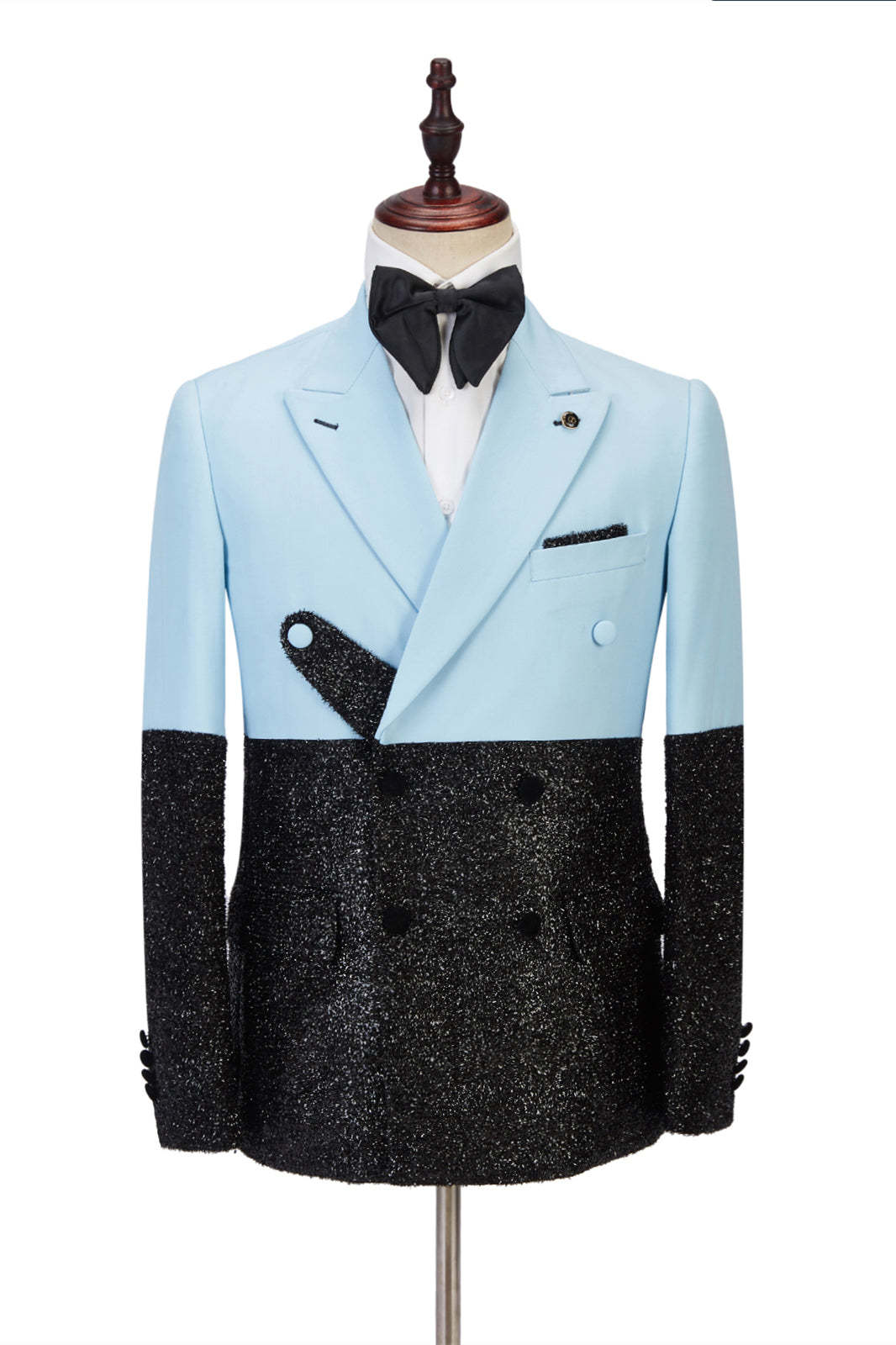 Glamorous Black Peak Lapel Sky Blue Sparkle Two-Piece Evening Suit