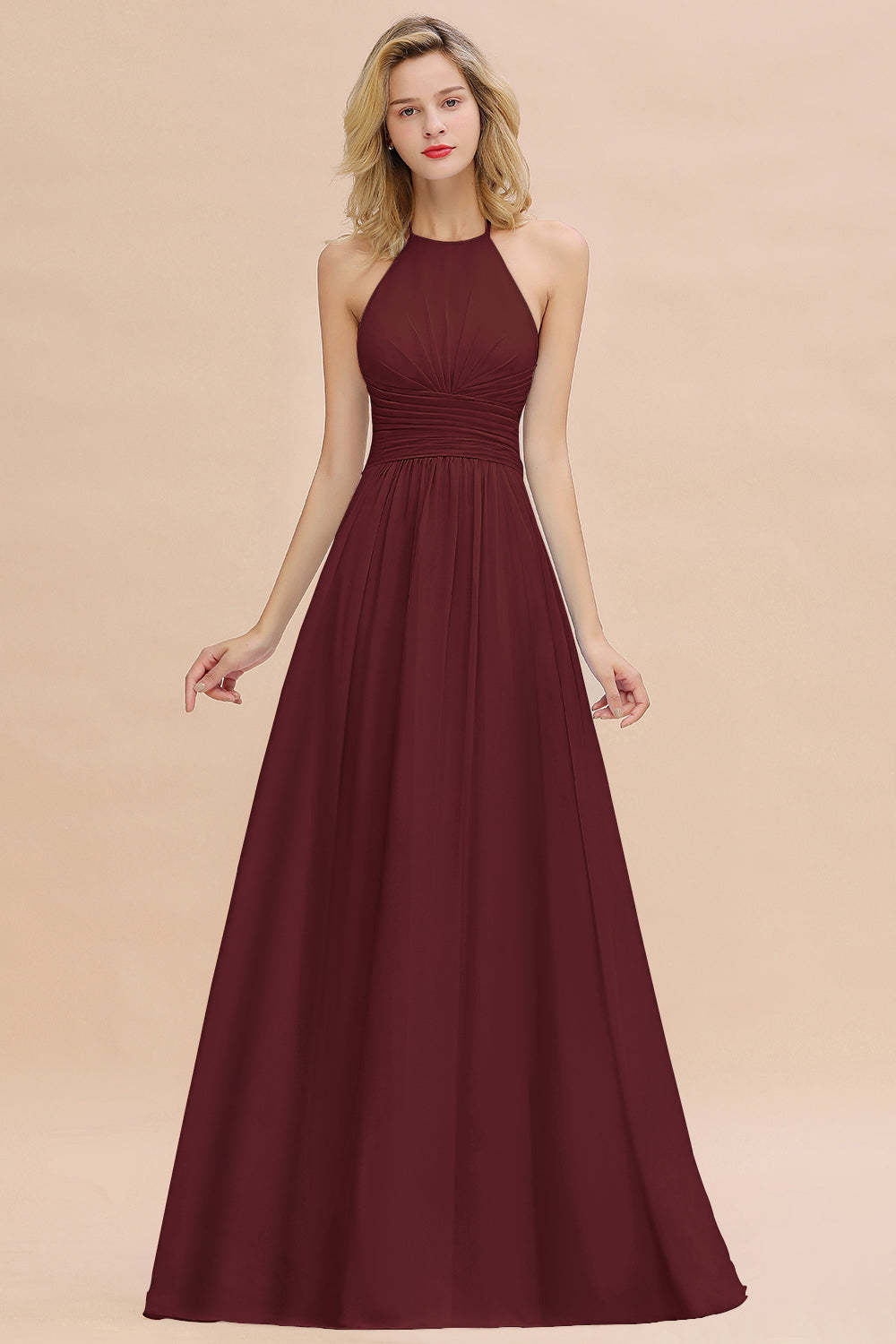 Glamorous Halter Backless Long Affordable Bridesmaid Dresses with Ruffle-Babyonlines
