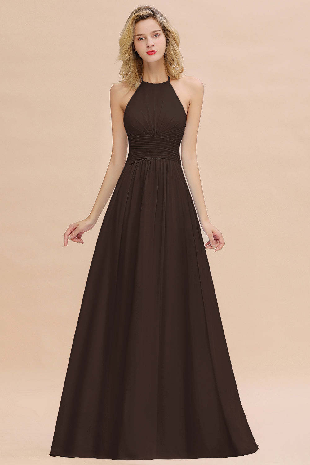 Glamorous Halter Backless Long Affordable Bridesmaid Dresses with Ruffle-Babyonlines