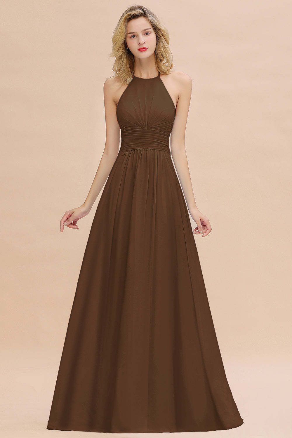 Glamorous Halter Backless Long Affordable Bridesmaid Dresses with Ruffle-Babyonlines
