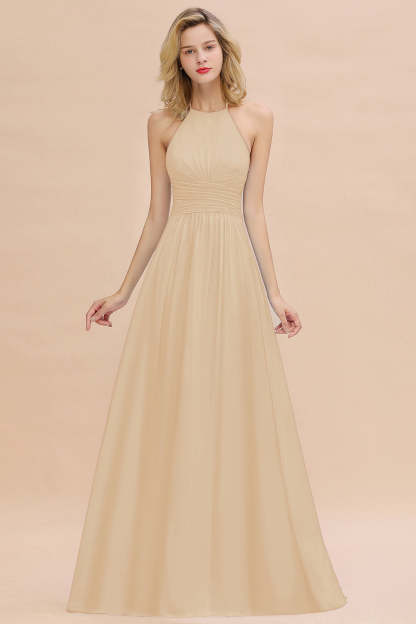 Glamorous Halter Backless Long Affordable Bridesmaid Dresses with Ruffle-Babyonlines
