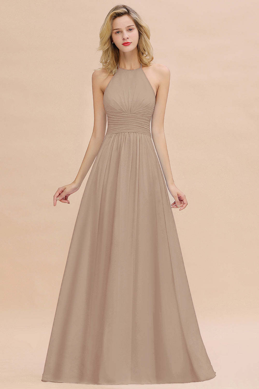 Glamorous Halter Backless Long Affordable Bridesmaid Dresses with Ruffle-Babyonlines