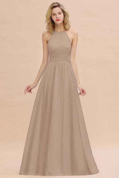 Glamorous Halter Backless Long Affordable Bridesmaid Dresses with Ruffle-Babyonlines