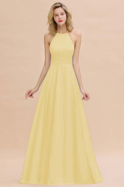 Glamorous Halter Backless Long Affordable Bridesmaid Dresses with Ruffle-Babyonlines