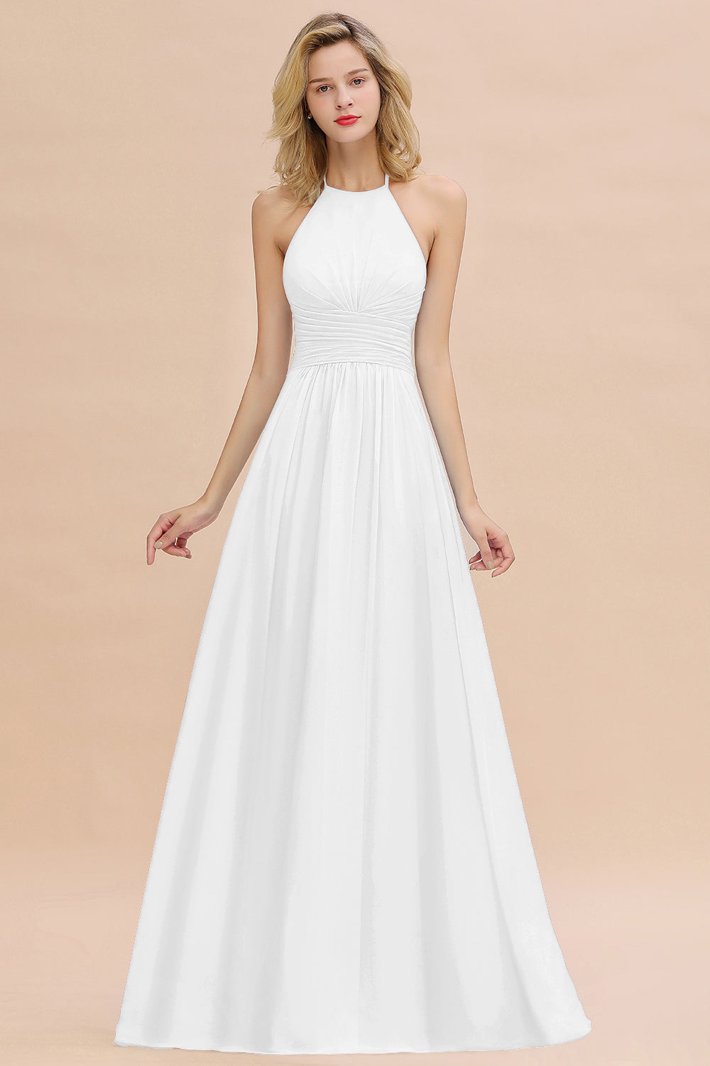 Glamorous Halter Backless Long Affordable Bridesmaid Dresses with Ruffle-Babyonlines