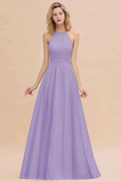 Glamorous Halter Backless Long Affordable Bridesmaid Dresses with Ruffle-Babyonlines