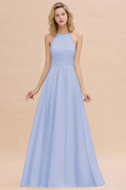 Glamorous Halter Backless Long Affordable Bridesmaid Dresses with Ruffle-Babyonlines