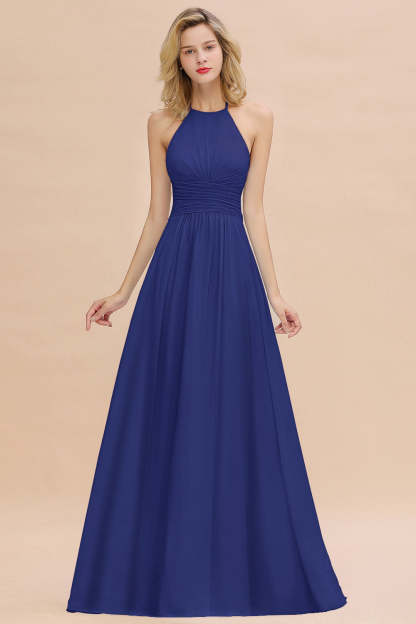 Glamorous Halter Backless Long Affordable Bridesmaid Dresses with Ruffle-Babyonlines