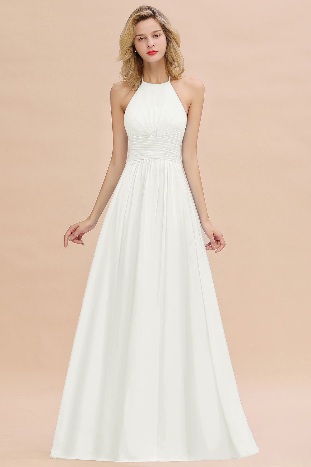 Glamorous Halter Backless Long Affordable Bridesmaid Dresses with Ruffle-Babyonlines