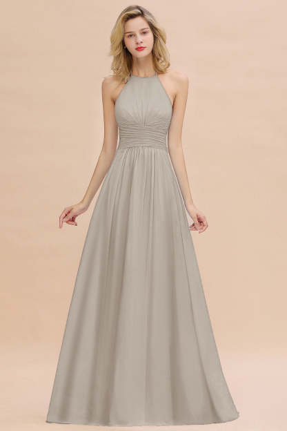 Glamorous Halter Backless Long Affordable Bridesmaid Dresses with Ruffle-Babyonlines