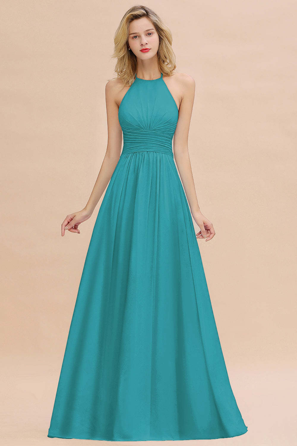 Glamorous Halter Backless Long Affordable Bridesmaid Dresses with Ruffle-Babyonlines