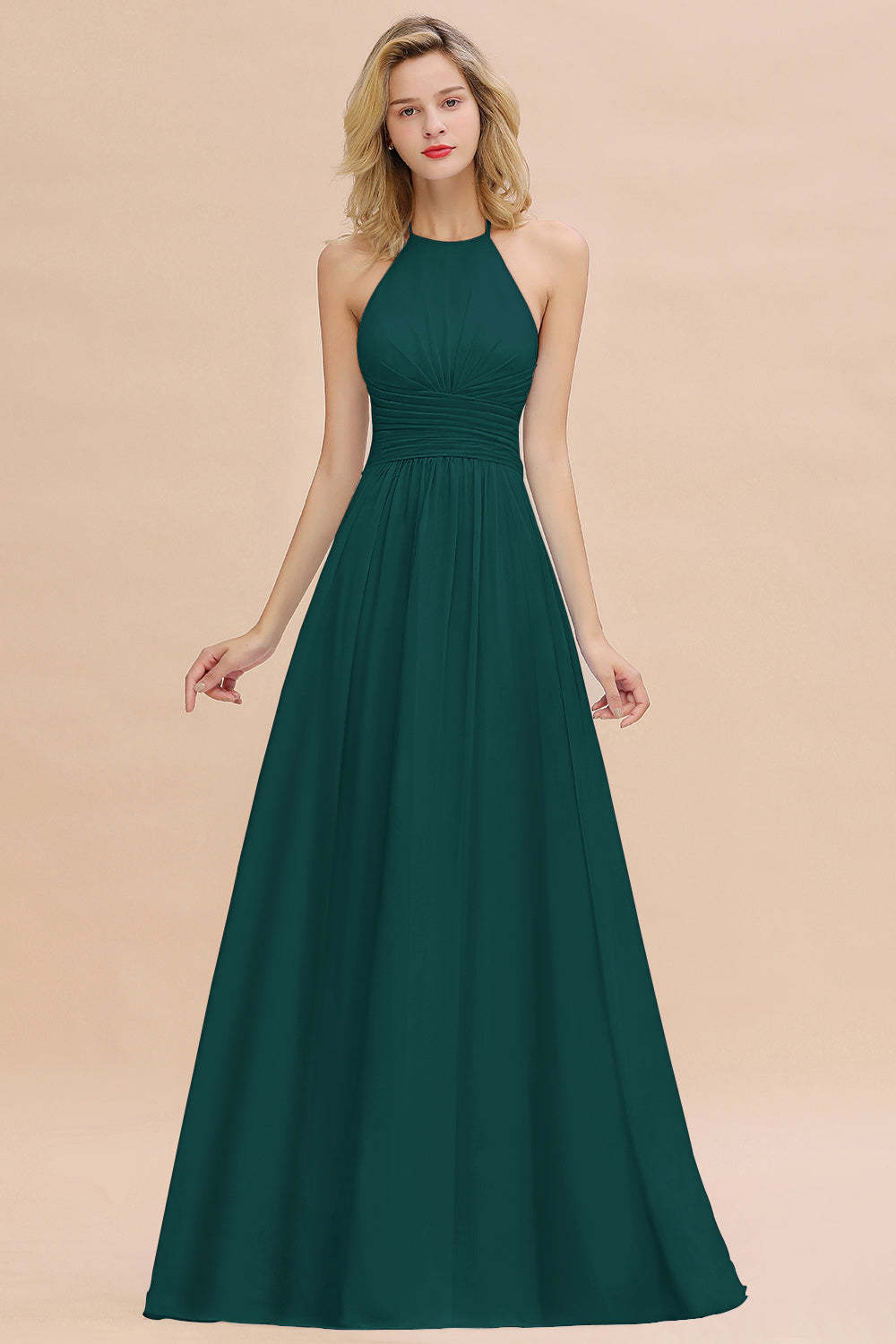 Glamorous Halter Backless Long Affordable Bridesmaid Dresses with Ruffle-Babyonlines