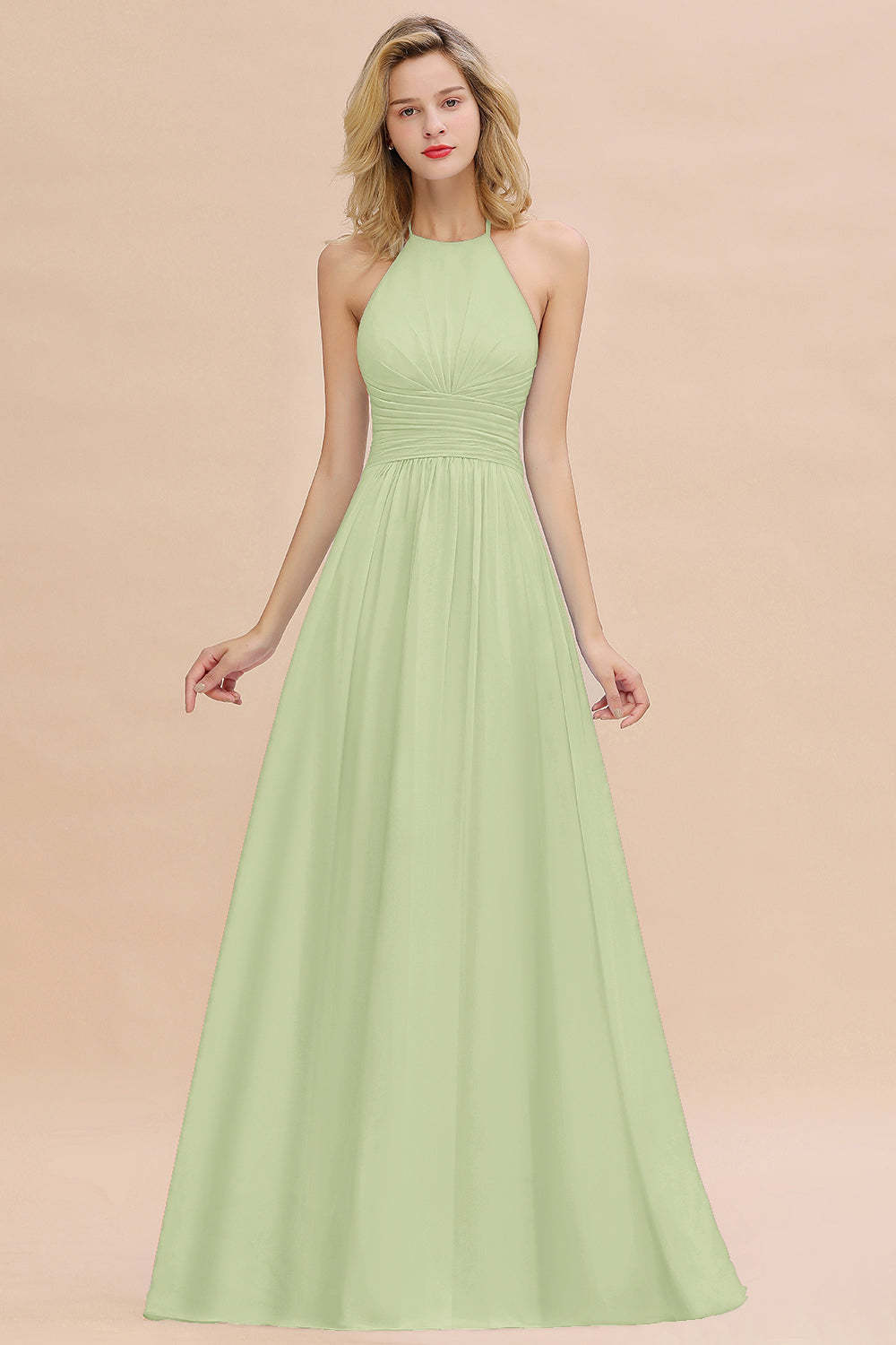 Glamorous Halter Backless Long Affordable Bridesmaid Dresses with Ruffle-Babyonlines