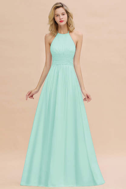 Glamorous Halter Backless Long Affordable Bridesmaid Dresses with Ruffle-Babyonlines