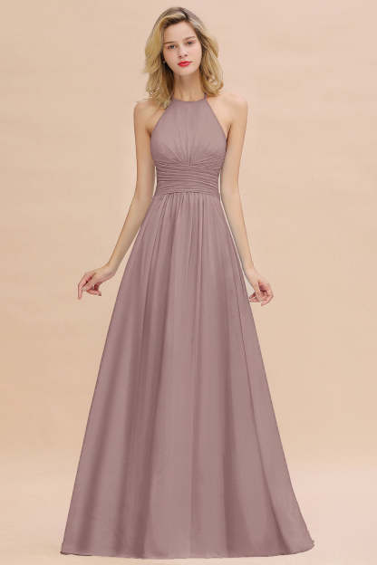Glamorous Halter Backless Long Affordable Bridesmaid Dresses with Ruffle-Babyonlines