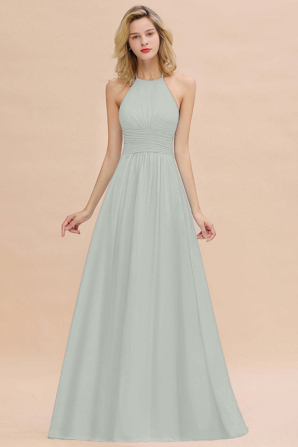 Glamorous Halter Backless Long Affordable Bridesmaid Dresses with Ruffle-Babyonlines