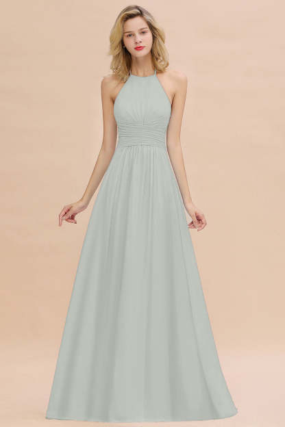 Glamorous Halter Backless Long Affordable Bridesmaid Dresses with Ruffle-Babyonlines