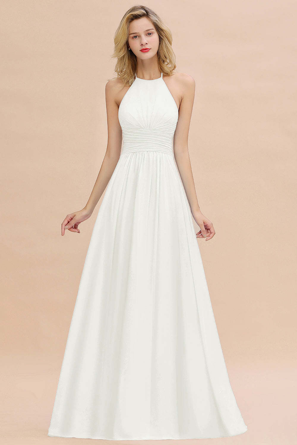 Glamorous Halter Backless Long Affordable Bridesmaid Dresses with Ruffle-Babyonlines