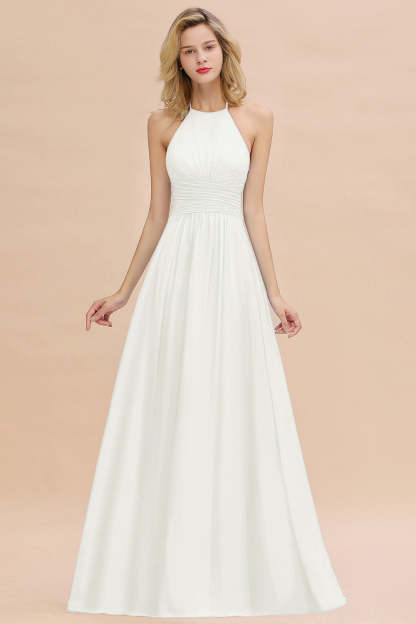 Glamorous Halter Backless Long Affordable Bridesmaid Dresses with Ruffle-Babyonlines