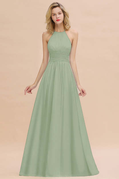 Glamorous Halter Backless Long Affordable Bridesmaid Dresses with Ruffle-Babyonlines