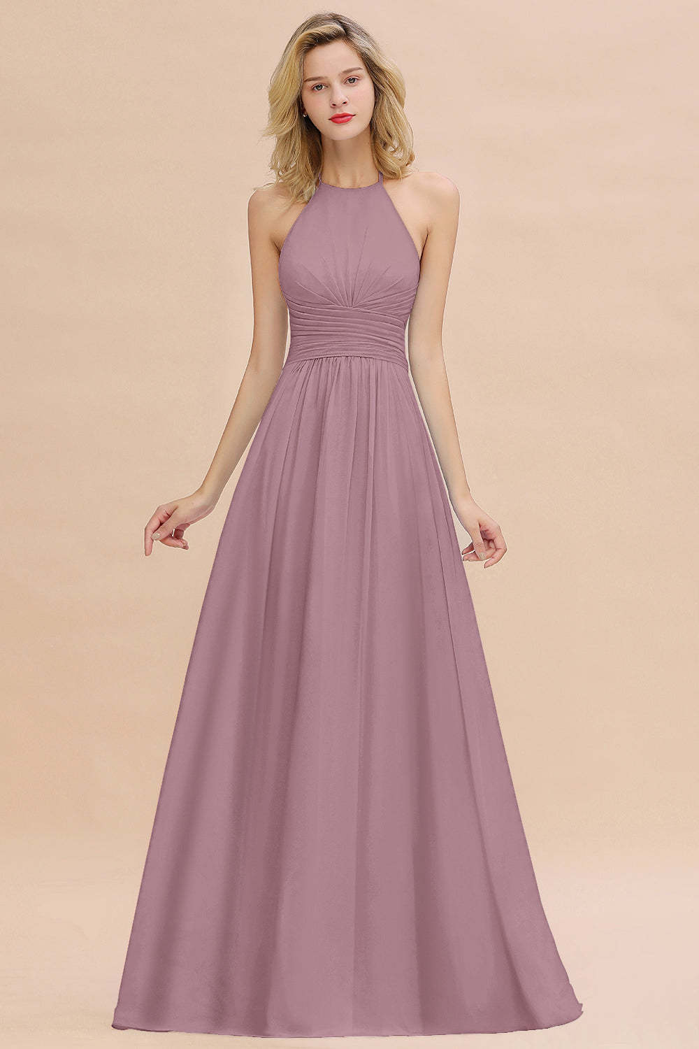 Glamorous Halter Backless Long Affordable Bridesmaid Dresses with Ruffle-Babyonlines