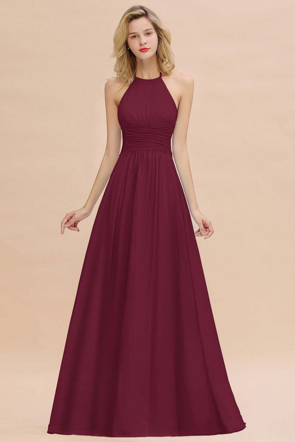 Glamorous Halter Backless Long Affordable Bridesmaid Dresses with Ruffle-Babyonlines