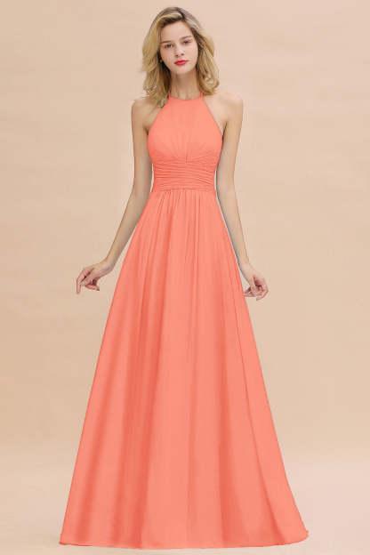 Glamorous Halter Backless Long Affordable Bridesmaid Dresses with Ruffle-Babyonlines