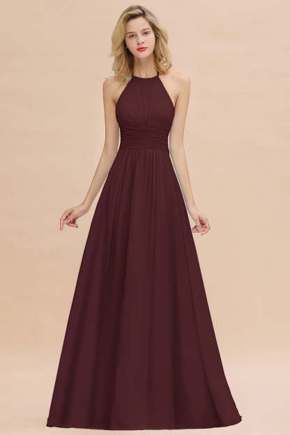 Glamorous Halter Backless Long Affordable Bridesmaid Dresses with Ruffle-Babyonlines