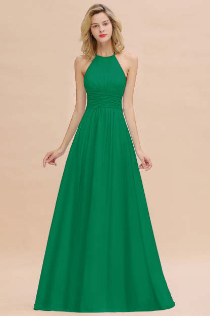 Glamorous Halter Backless Long Affordable Bridesmaid Dresses with Ruffle-Babyonlines