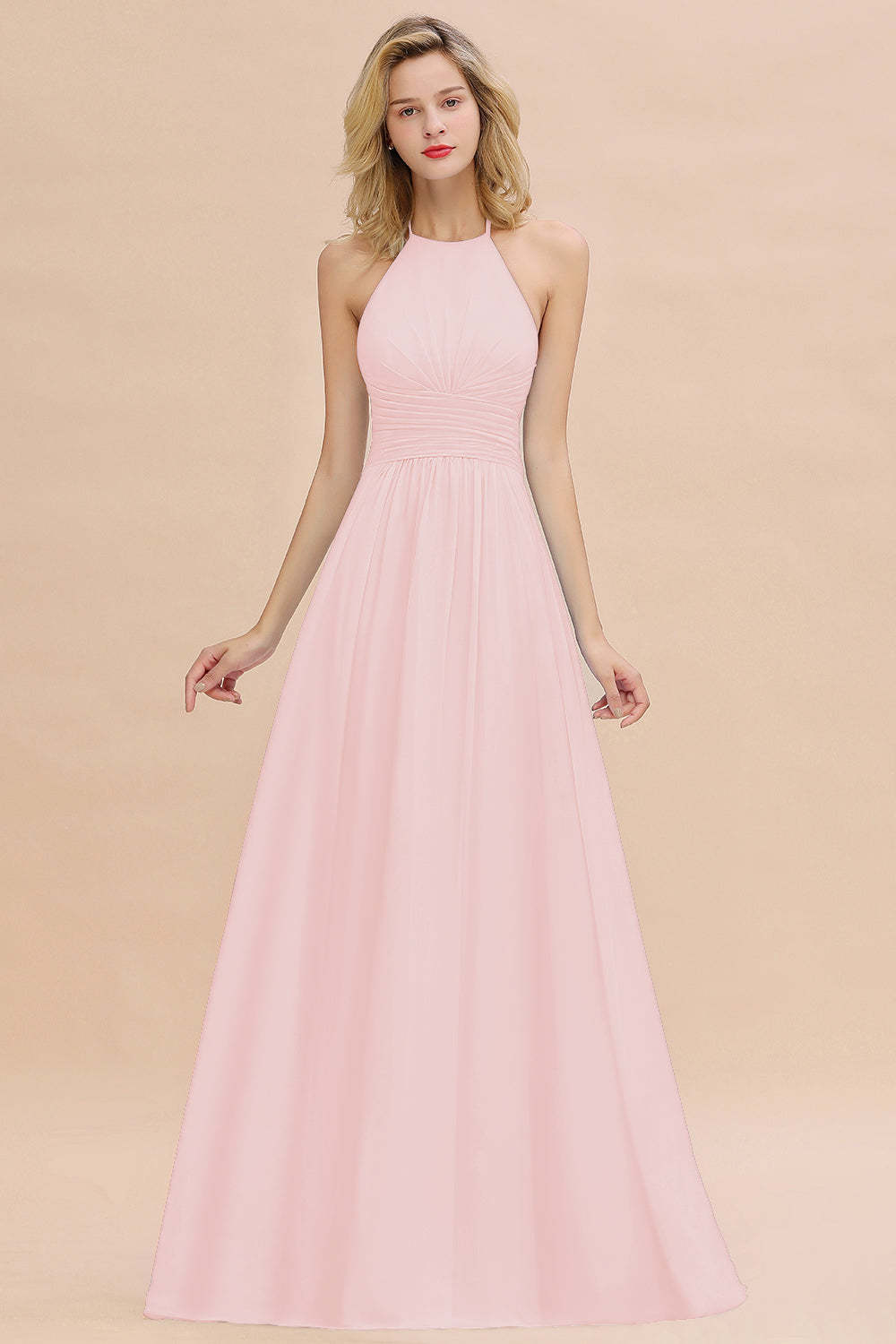 Glamorous Halter Backless Long Affordable Bridesmaid Dresses with Ruffle-Babyonlines