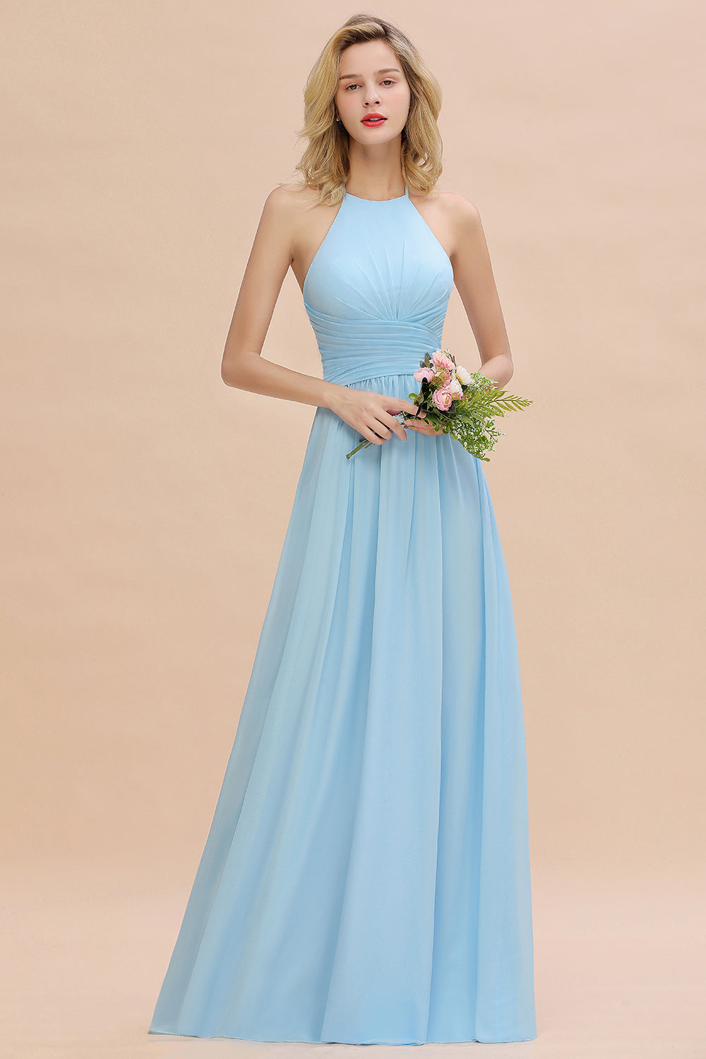 Glamorous Halter Backless Long Affordable Bridesmaid Dresses with Ruffle-Babyonlines