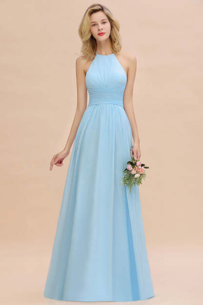 Glamorous Halter Backless Long Affordable Bridesmaid Dresses with Ruffle-Babyonlines