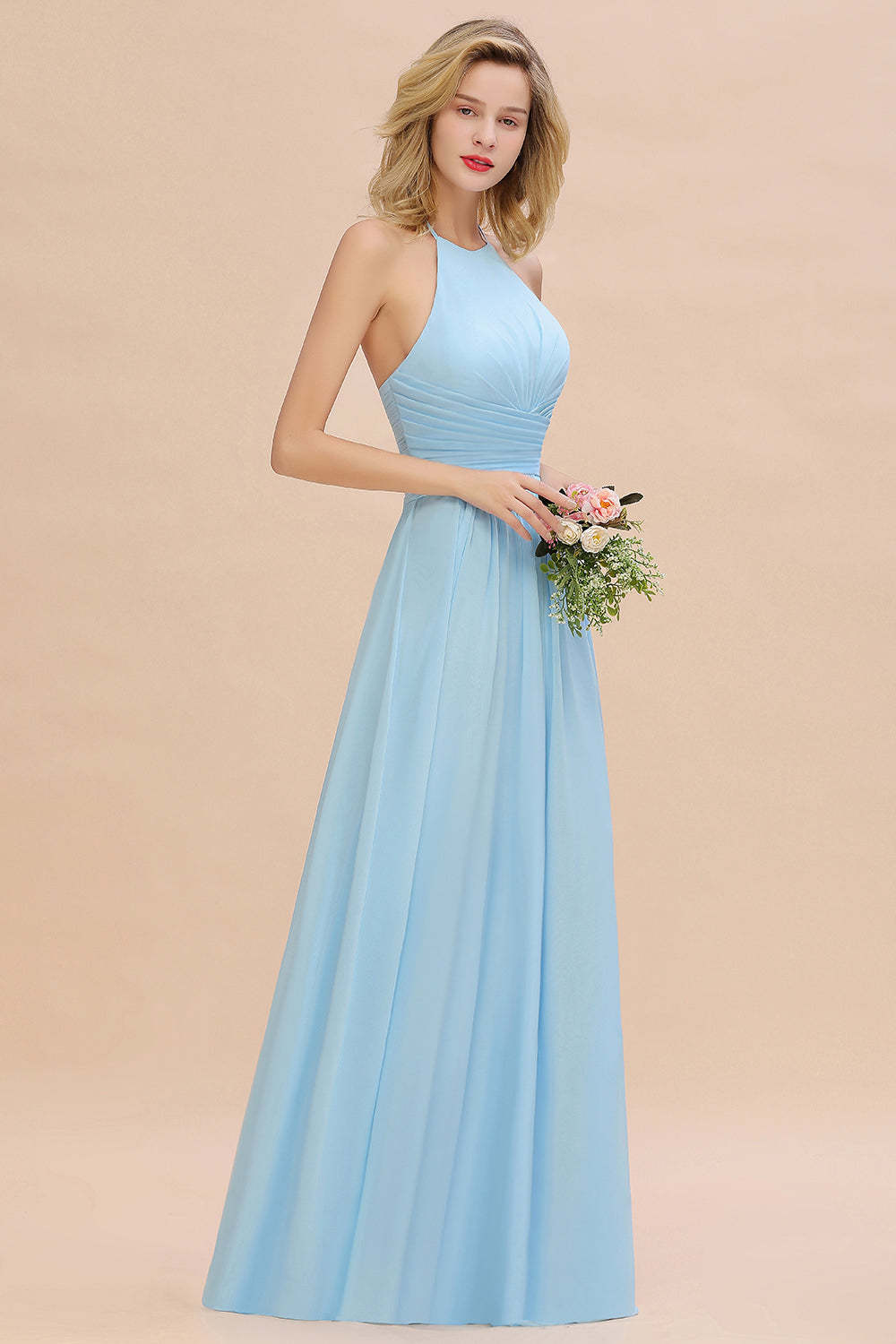Glamorous Halter Backless Long Affordable Bridesmaid Dresses with Ruffle-Babyonlines